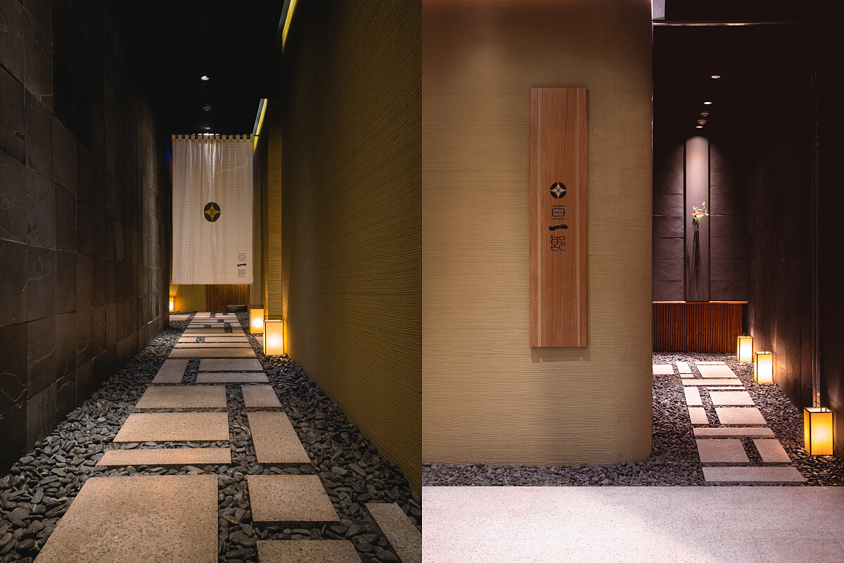 進入餐廳前的廊道、餐廳入口的廊道，就像從日常走向另一個非日常的空間。