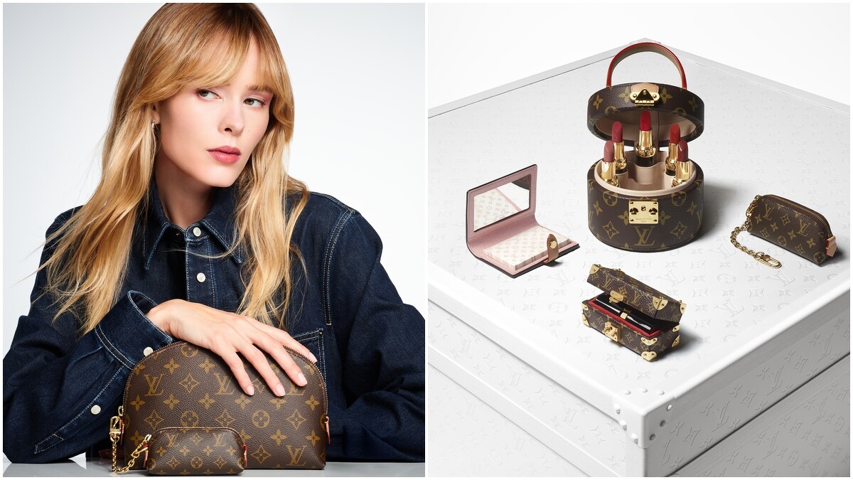 採用經典 Monogram 帆布製作的迷你化妝盒可收納刷具、吸油面紙和唇膏，將彩妝化作專屬時光。