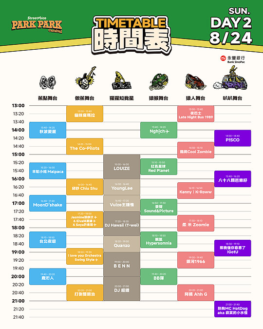 2025 Park Park Carnival 叭叭嘉年華 8/24演出時間表