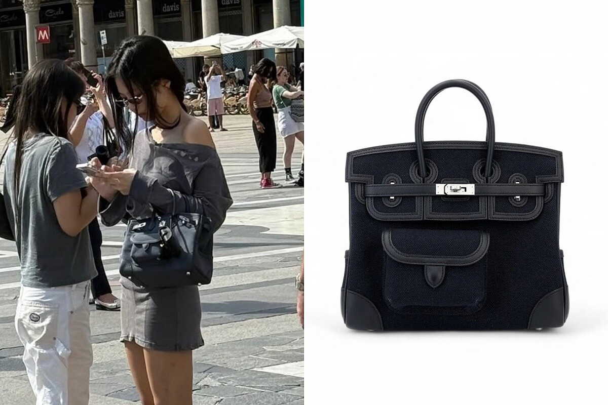 BLACKPINK Jennie 私服造型，手提 Herm&egrave;s Birkin Cargo 帆布與皮革拼接柏金包