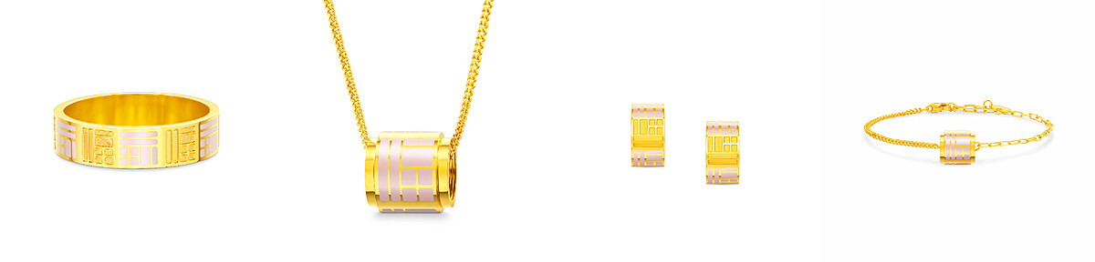 周大福傳福系列 黃金鎏彩戒指 (粉紅色) NTD 57,200 起/黃金鎏彩項鍊 (粉紅色)NTD 57,200 起 /黃金鎏彩耳環 (粉紅色) NTD 47,400 /黃金鎏彩手鍊 (粉紅色)NTD 35,800