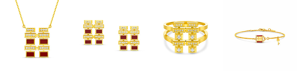 周大福傳喜系列18K黃金鑲天然鑽石項鍊NTD 41,300 起/18K黃金鑲天然鑽石耳環 NTD 41,300/ 18K黃金鑲天然鑽石戒指 NTD 44,100起 /黃金鑲天然鑽石手鍊NTD 66,700