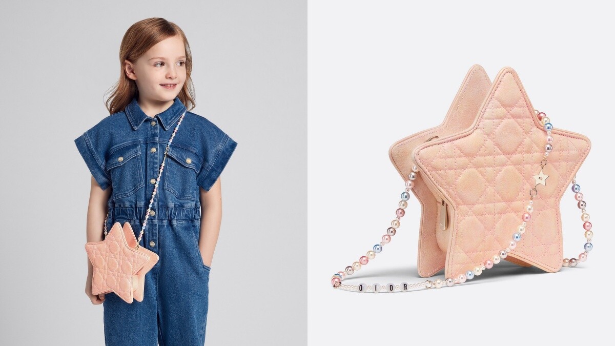 Dior 童裝系列 Lady Dior 星星包，飾有絎縫藤格紋與繽紛珠鍊