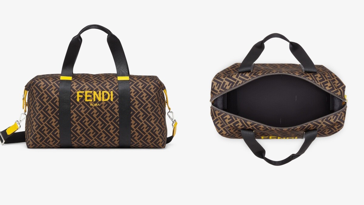 Fendi 童裝系列 Logo 旅行袋，飾有 FF 標誌與黃色品牌字樣