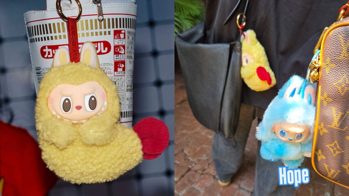 Labubu 炸蝦造型掛飾，外層為金黃絨毛材質。