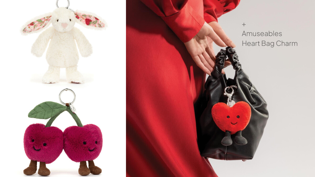Jellycat 櫻桃與兔子造型絨毛掛飾。