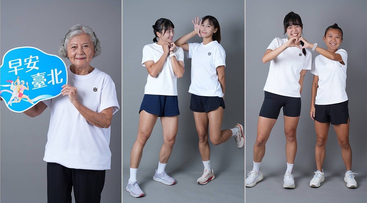 左圖為林潘秀雲手持『早安台北』標語亮相;中為謝喜恩（左）與張博雅（右）俏皮合影;右圖為郭霏（左）與蘇鳳婷（右）攜手比心。( 圖 / BE HEROES提供 )