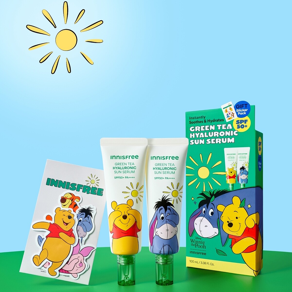 innisfree綠茶玻尿酸保濕防曬精華SPF50+/PA++++2件組(小熊維尼限定版)50ml*2入，加贈小熊維尼貼紙組，NT1,099