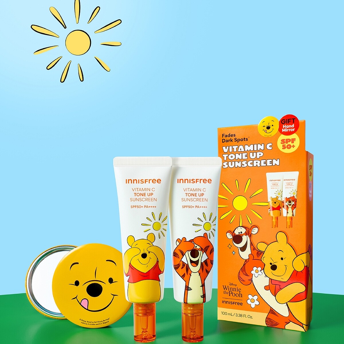innisfree維他命C亮白潤色防曬霜SPF50+/PA++++2件組(小熊維尼限定版)50ml*2入，加贈小熊維尼手拿鏡，NT1,099