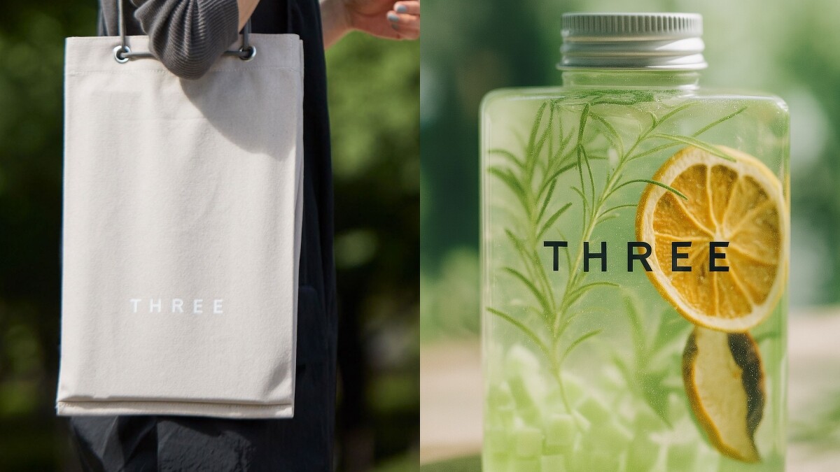 (左)THREE 束口棉布袋、(右)THREE果乾水。