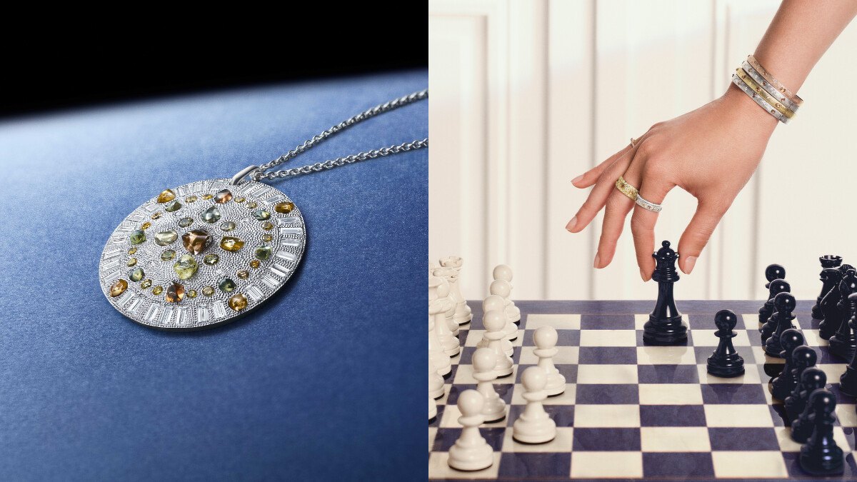 De Beers Talisman 高級珠寶18K白金鑽石原石圓牌吊墜項鍊（左）、Talisman 系列鑽石原石戒指與手環。