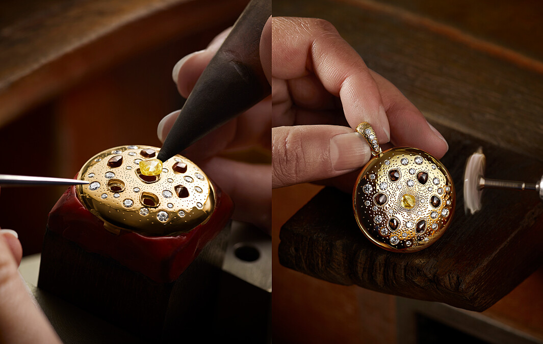 Serti Poin&ccedil;on 鑿點金工鑲嵌技術。