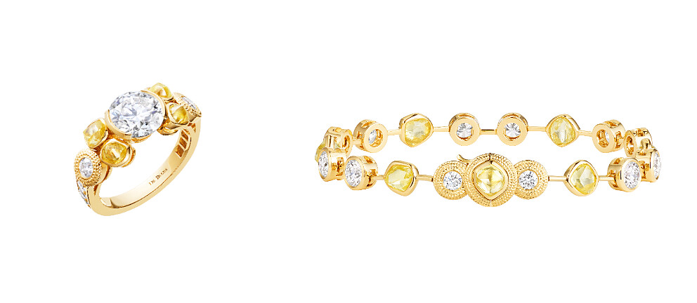 De Beers Talisman Trio高級珠寶鑽石戒指（左）；Talisman Line高級珠寶鑽石手鍊（右）。