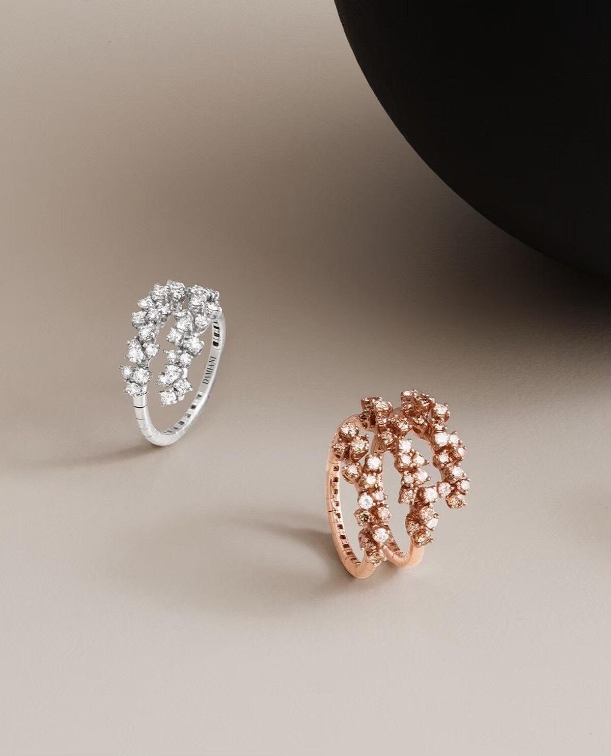 DAMIANI Mimosa 18K白金與玫瑰金鑲鑽戒指情境圖。