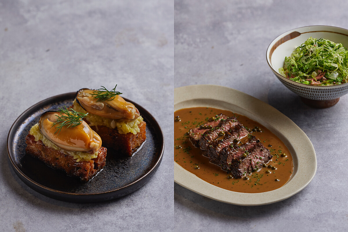 「淡菜法式吐司佐韭蔥油醋醬」與「M9 和牛翼板肉佐胡椒醬與馬鈴薯泥」。