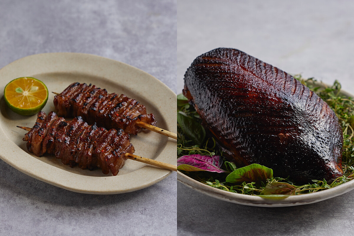 「菲律賓風味碳烤豬肉串」與主廚特製的烤鴨。