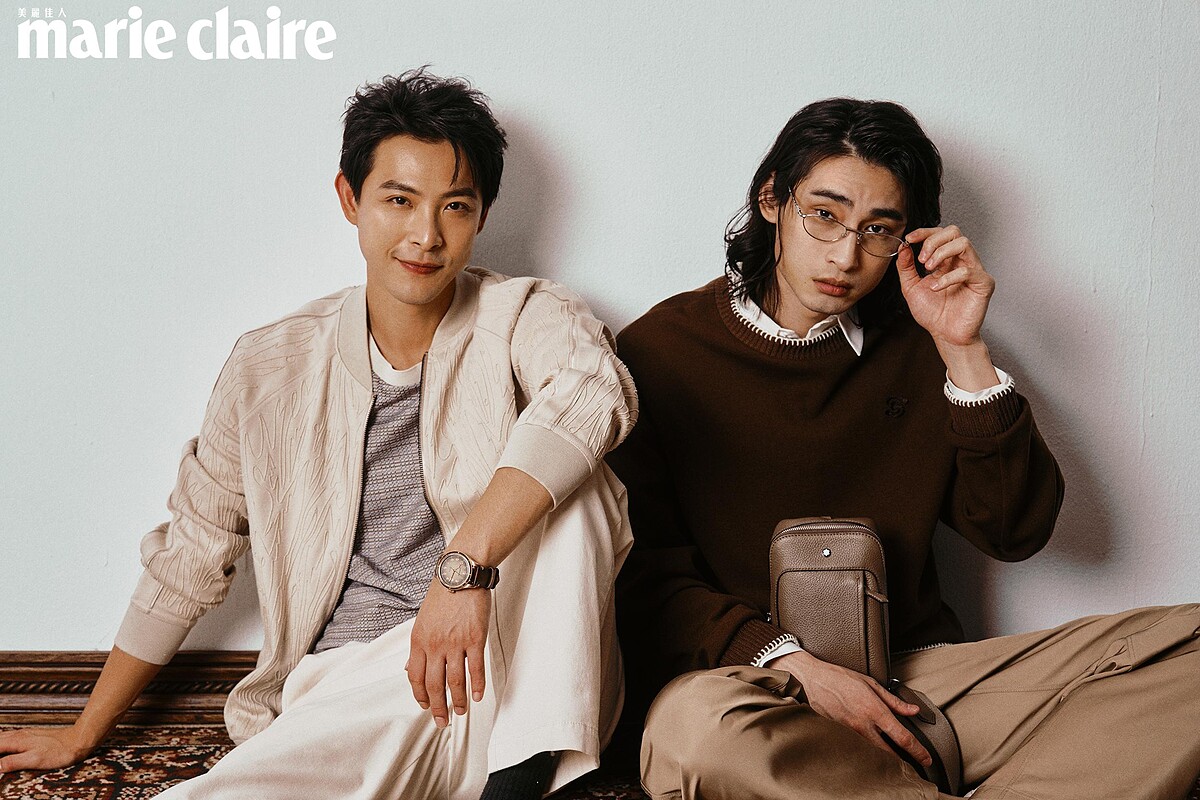 連晨翔：米色織紋外套，Allsaints；短袖上衣、米色長褲、灰色休閒鞋，all by Boss；1858系列日期顯示自動零氧腕錶，Montblanc。；章廣辰：咖啡色針織衫、白色襯衫、卡其色長褲 all by Shiatzy Chen；Grian On Body斜背包，Montblanc；白色休閒鞋，Boss；銀框眼鏡，Gentle Monster。