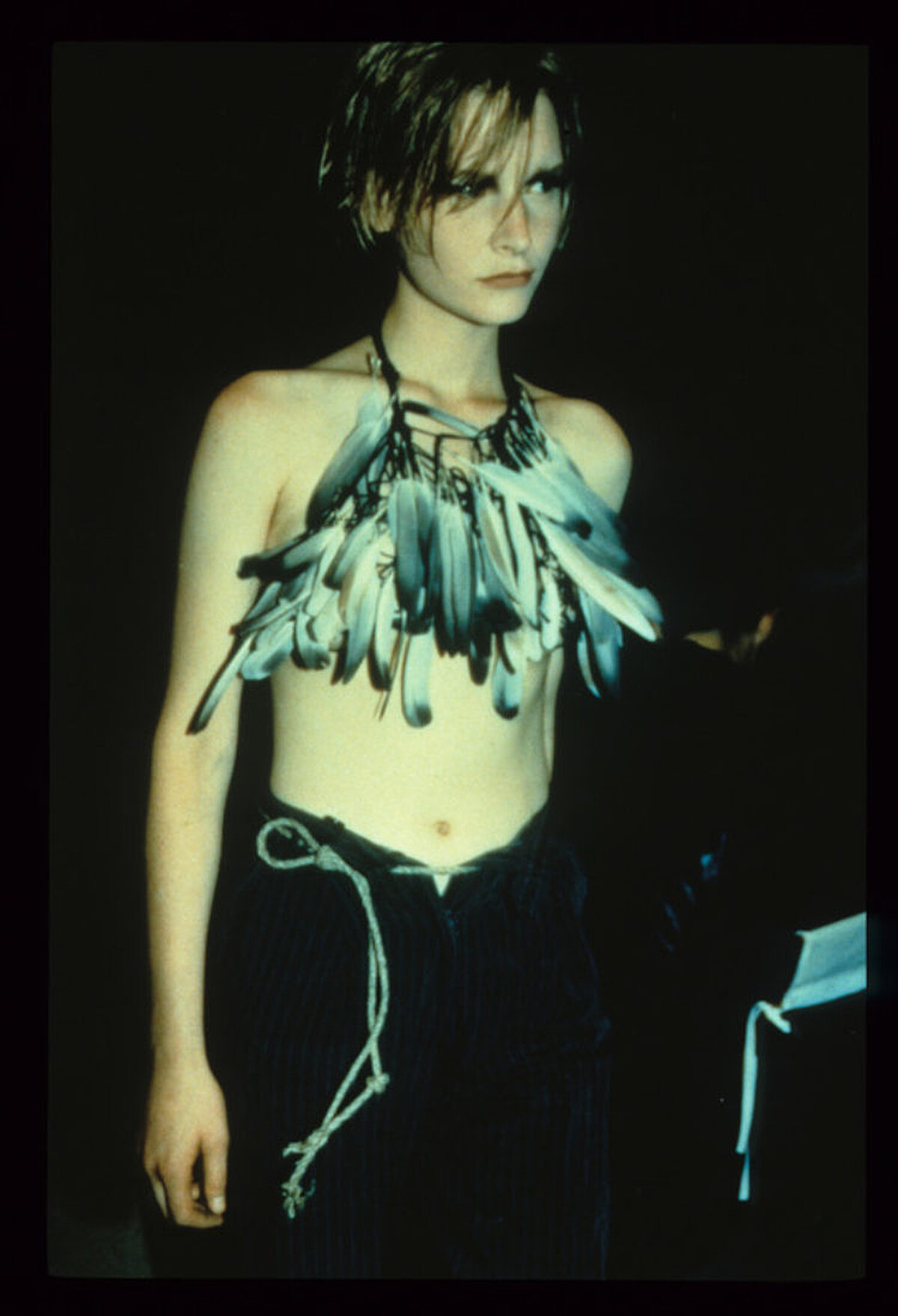 Ann Demeulemeester的作品融合了每個人內心深處的力量與脆弱之間的張力。羽毛的概念在他的作品中反覆出現，象徵這種敏感。2014年的「天堂鳥」展覽中，MoMu 展出了他許多標誌性的羽毛造型作品。