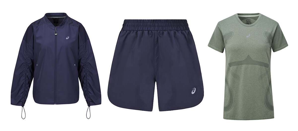 ACTIBREEZE系列 藍色平織外套，NT2,880；4吋短褲，NT1,680，軍綠色短袖上衣，NT$ 1,580。