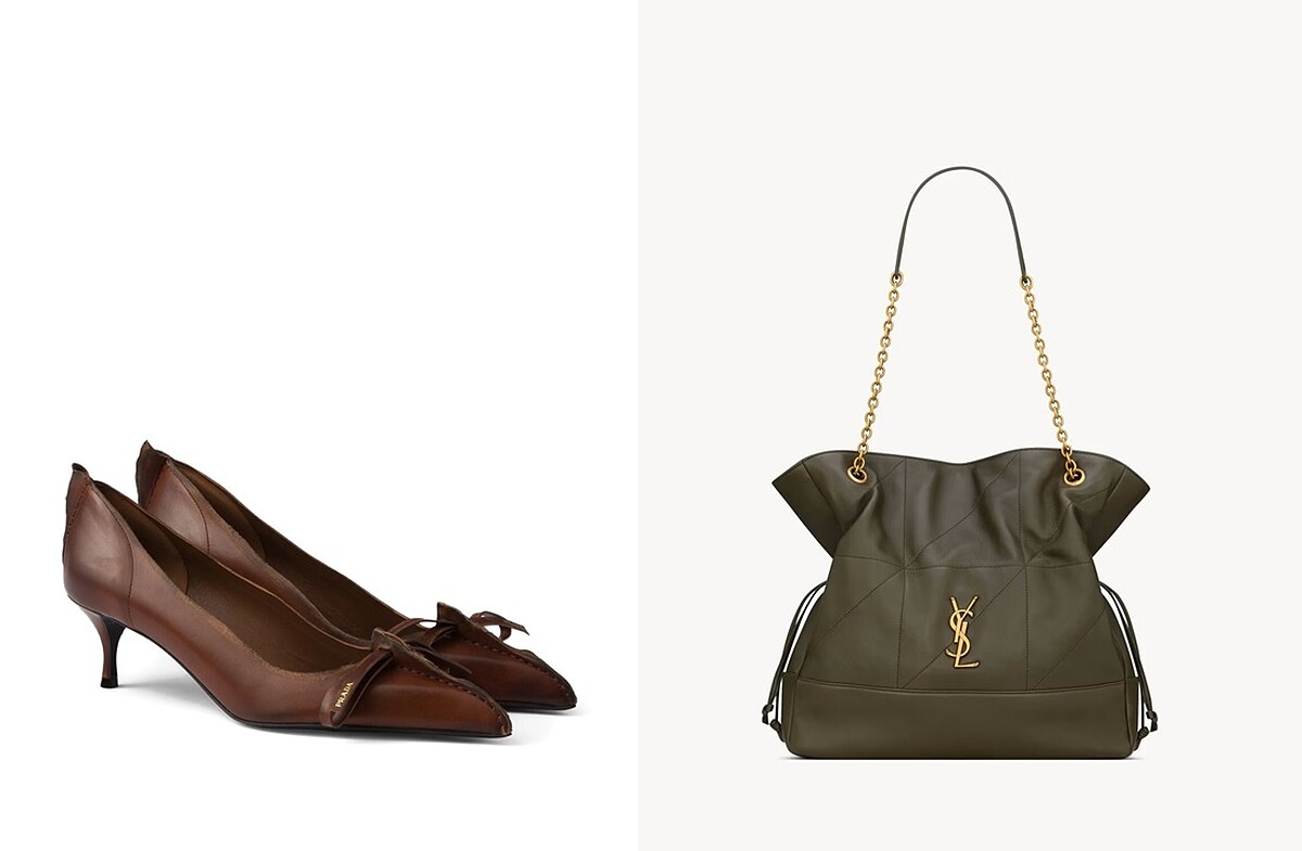 左：微風獨家 PRADA 2025 秋冬仿舊皮革高跟鞋、右：微風廣場 SAINT LAURENT JAMIE 小羊皮手提袋。