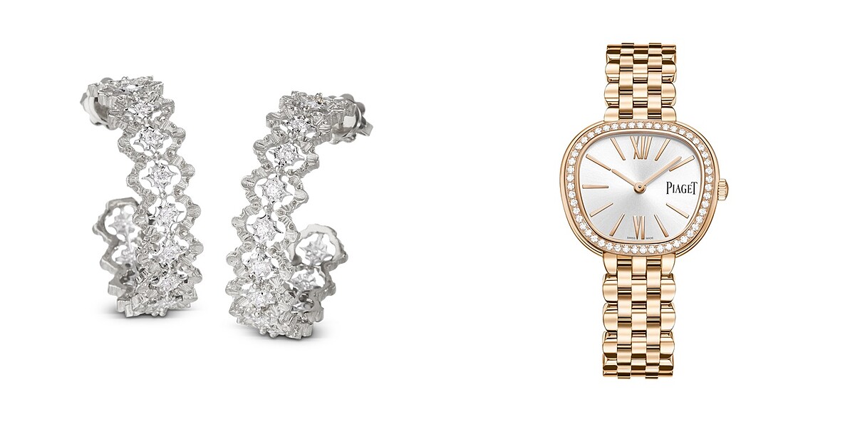 左：Buccellati ROMBI 白金鑽石耳環，推薦價640,000元、右：Piaget SIXTIE系列 18K玫瑰金鑽石腕錶