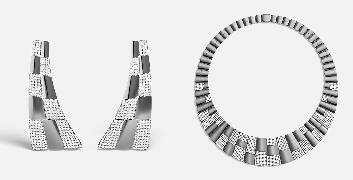 左 : 個性密鑲垂墜耳環 NT 17,600/右 : 個性密鑲項圈 NT 41,400