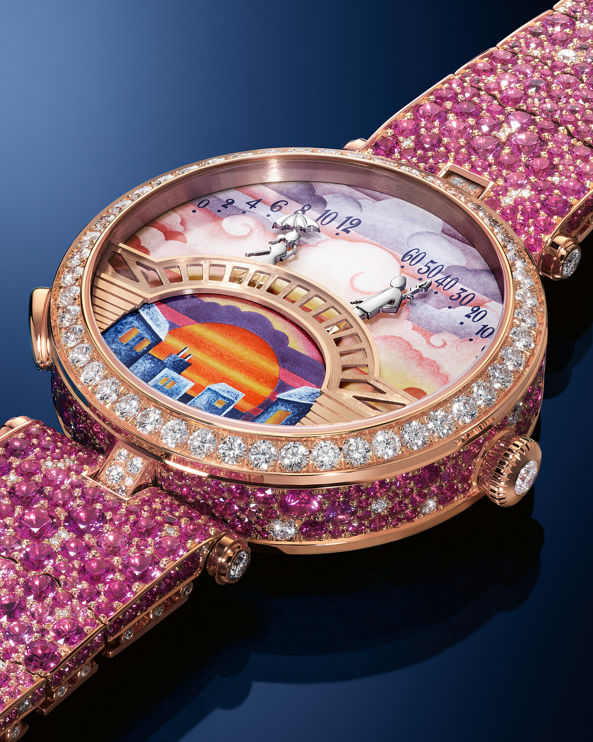 Lady Arpels Pont des Amoureux Aube腕錶（2025新作），18K玫瑰金、藍寶石、鑽石。