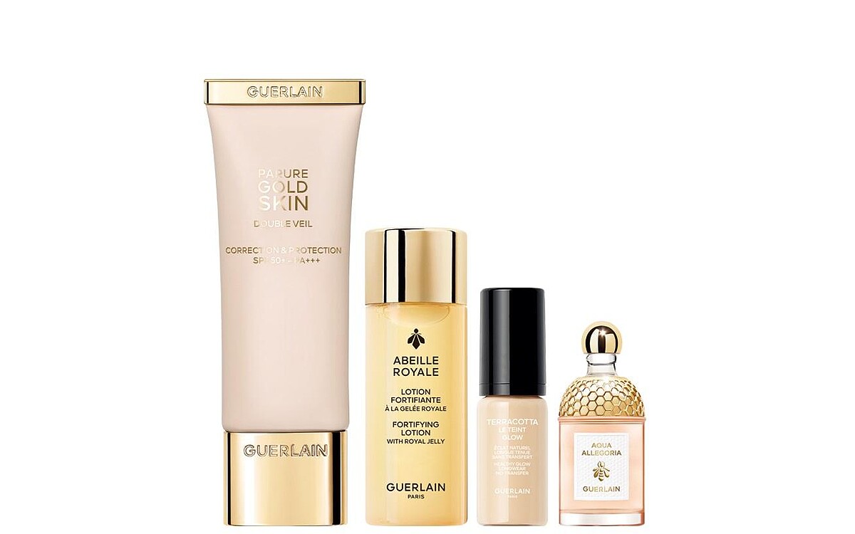 組合內容：24K純金奢緞光妝前乳40ml(正品)、提洛可持妝輕粉底柔光版5ml、花草水語晨霧玫瑰淡香水7.5ml、皇家蜂王乳蜜露40ml。