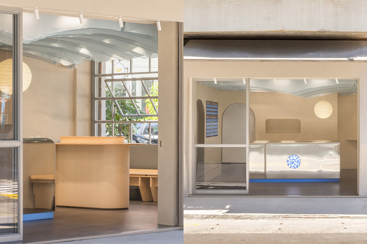 外觀使用波浪立面描繪自然的律動，室內以白、藍色調打造清爽的空間。