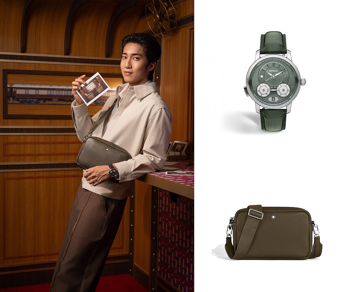 MONTBLANC Grain 斜背包，NT$47,700；MONTBLANC明星傳承系列Nicolas Rieussec計時腕錶，NT$280,300