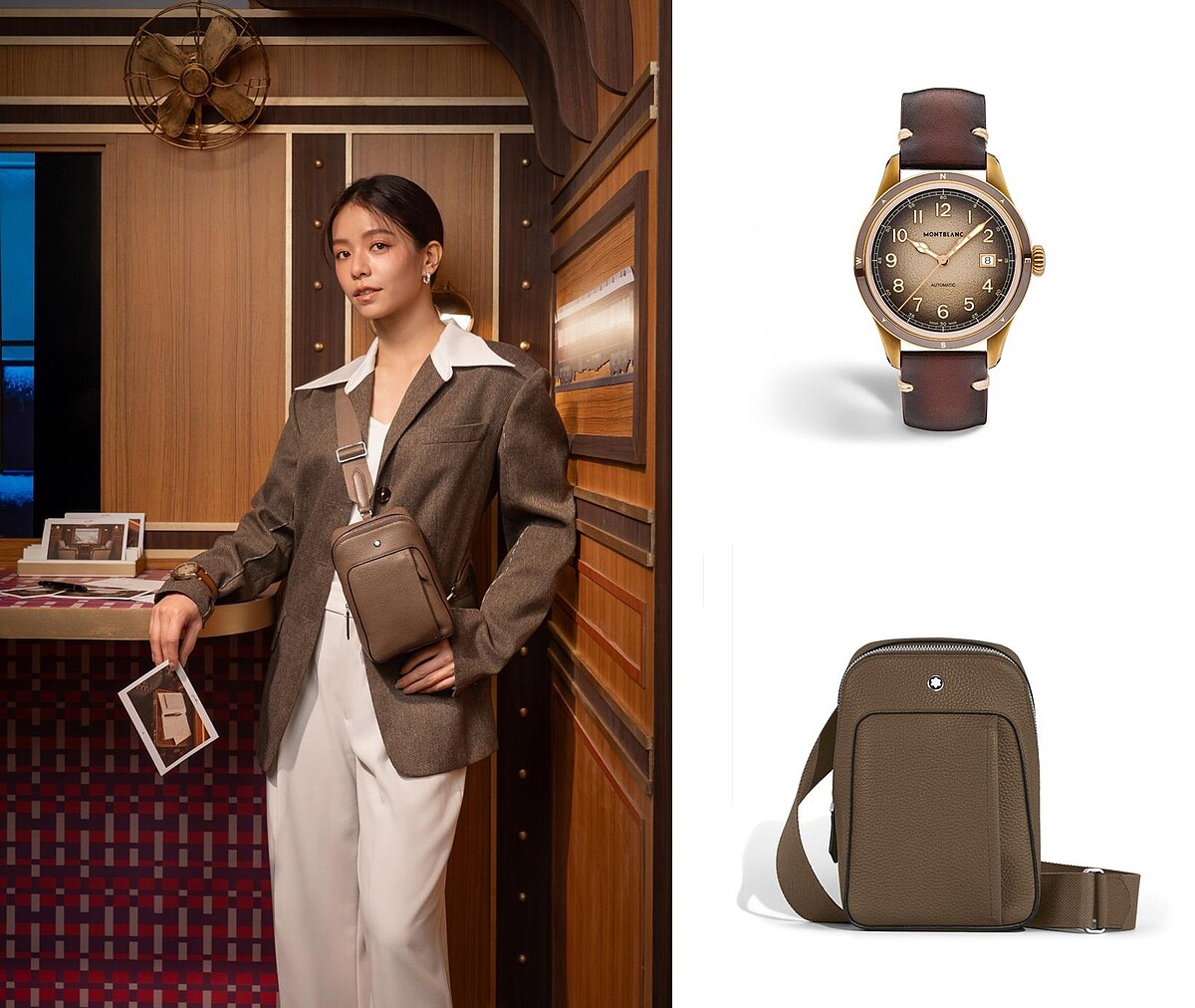 MONTBLANC Grain 單肩包，NT$42,000； MONTBLANC 1858系列日期顯示自動零氧腕錶，NT$128,600