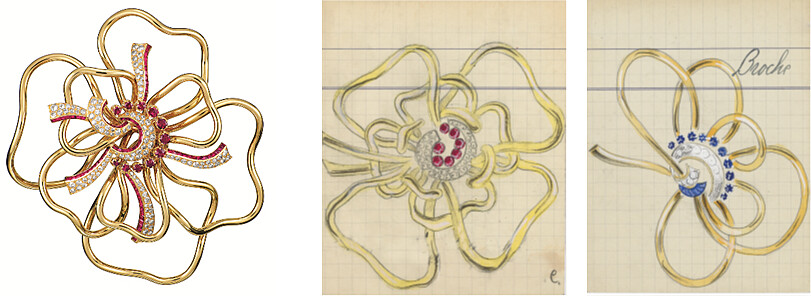 圖左：Silhouette胸針，1937年(黃K金、紅寶石、鑽石)Van Cleef & Arpels Archives；圖中&右：Silhouette胸針產品記錄卡，1937年Van Cleef & Arpels Archives