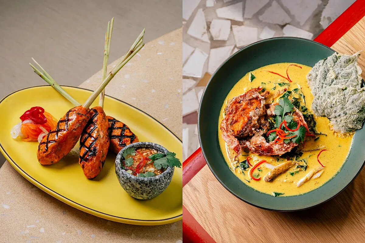 「春武里香茅串烤魚餅」與「軟殼蟹黃咖哩佐荖葉」。