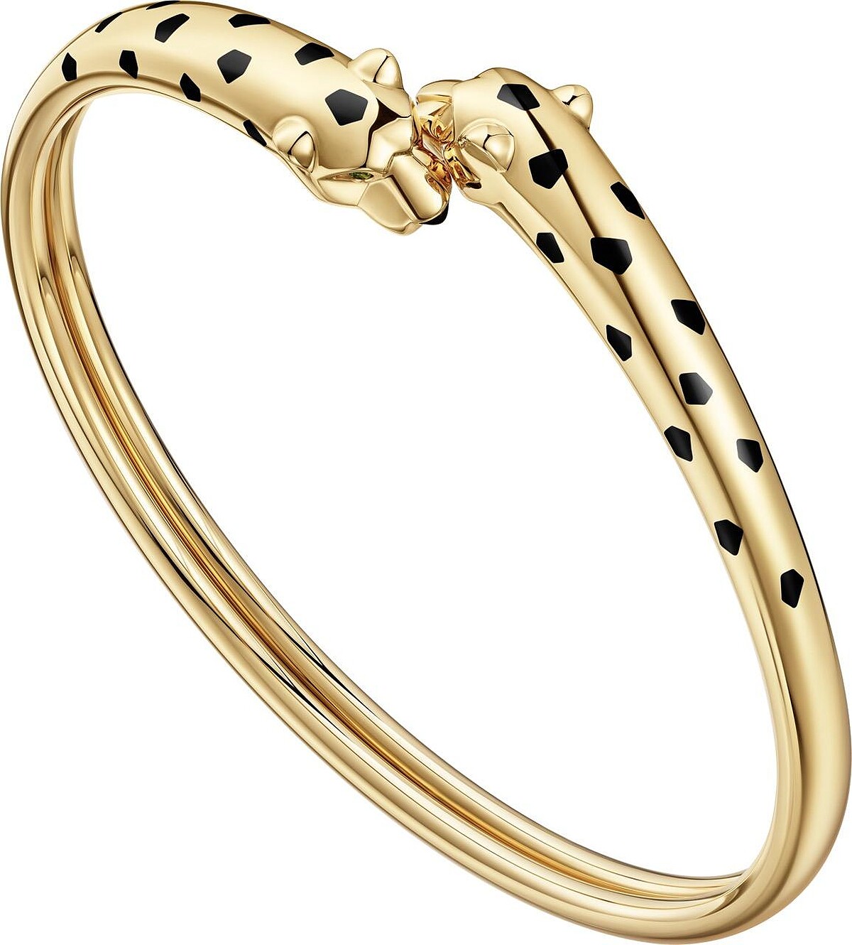 美洲豹珠寶手環 黃K金。縞瑪瑙，黑色真漆，鑲嵌2顆沙弗萊石。建議售價：NTD$467,000