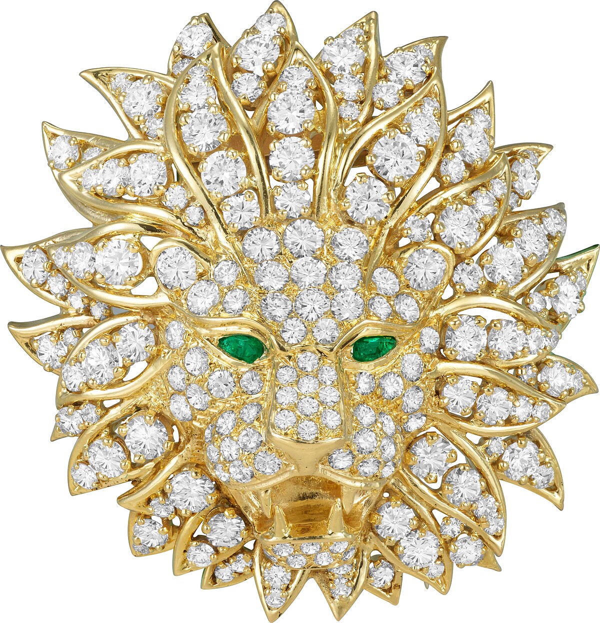 (本次來台作品) Lion &eacute;chevel&eacute;可轉換式胸針，1976年_黃K金、祖母綠、鑽石