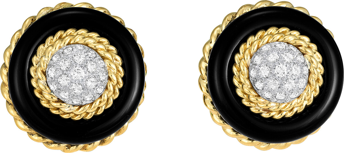 (本次來台作品) 耳環，1974年_鉑金、黃K金、白K金、縞瑪瑙、鑽石