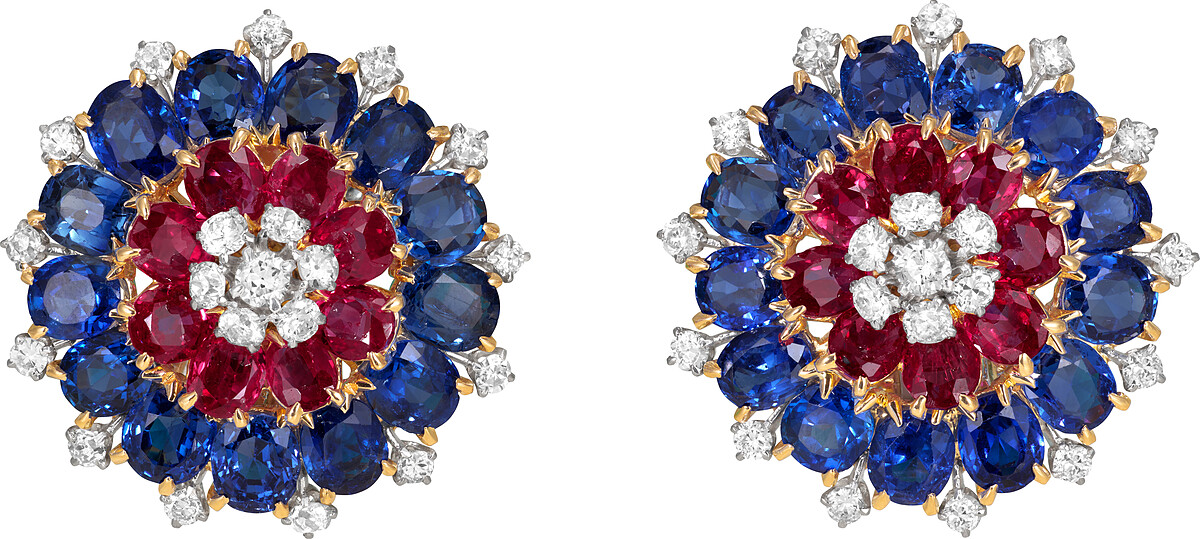(本次來台作品) 耳環，1942年_鉑金、黃K金、白K金、紅寶石、藍寶石、鑽石