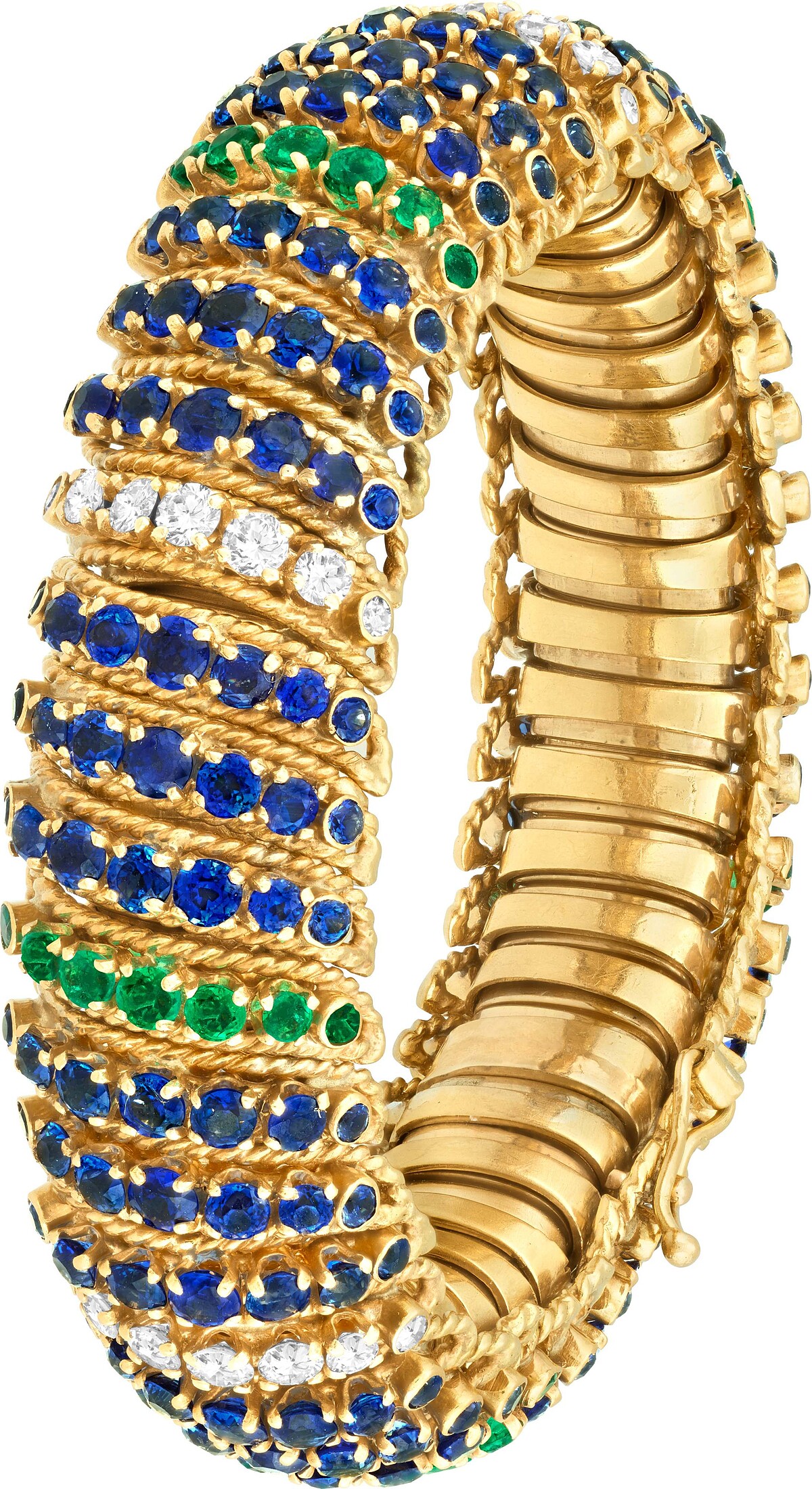 (本次來台作品) 手鐲，約1965年_黃K金、祖母綠、藍寶石、鑽石