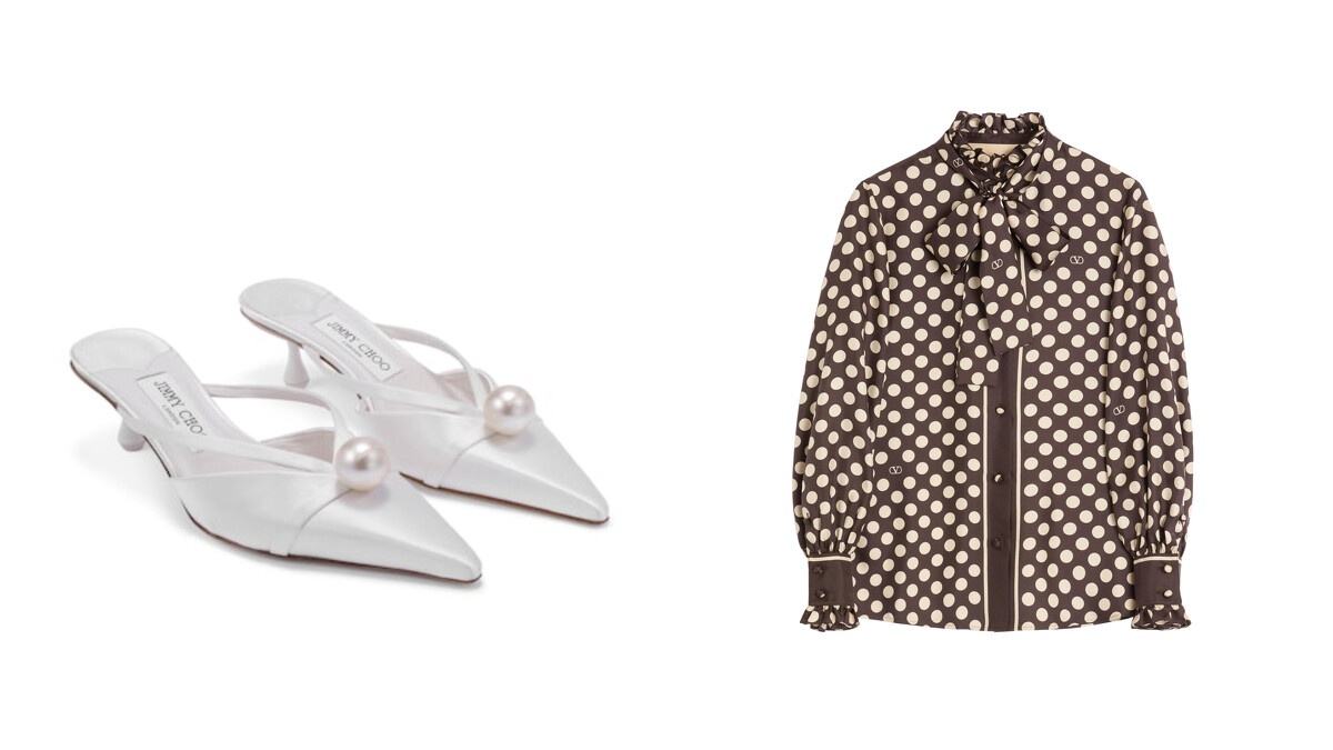 微風信義獨家：JIMMY CHOO SANA珍珠飾白色緞面穆勒高跟鞋， 推薦價NT39,800元；微風信義獨家：Valentino Plusdepois波點印花襯衫， 價格店洽。