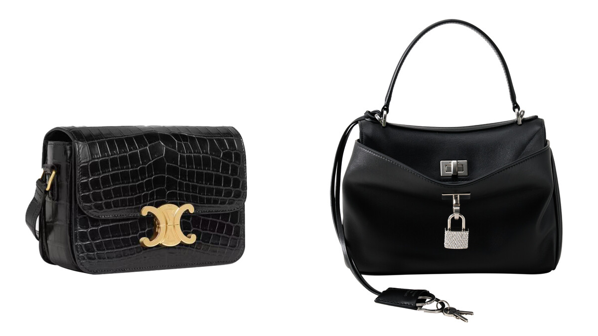 微風信義全台獨家：CELINE TEEN TRIOMPHE鱷魚皮革手袋 ，價格店洽；微風信義獨家：BALENCIAGA RODEO MINI BAG 迷你雙口水鑽鎖頭雙口肩背手提包，價格店洽。