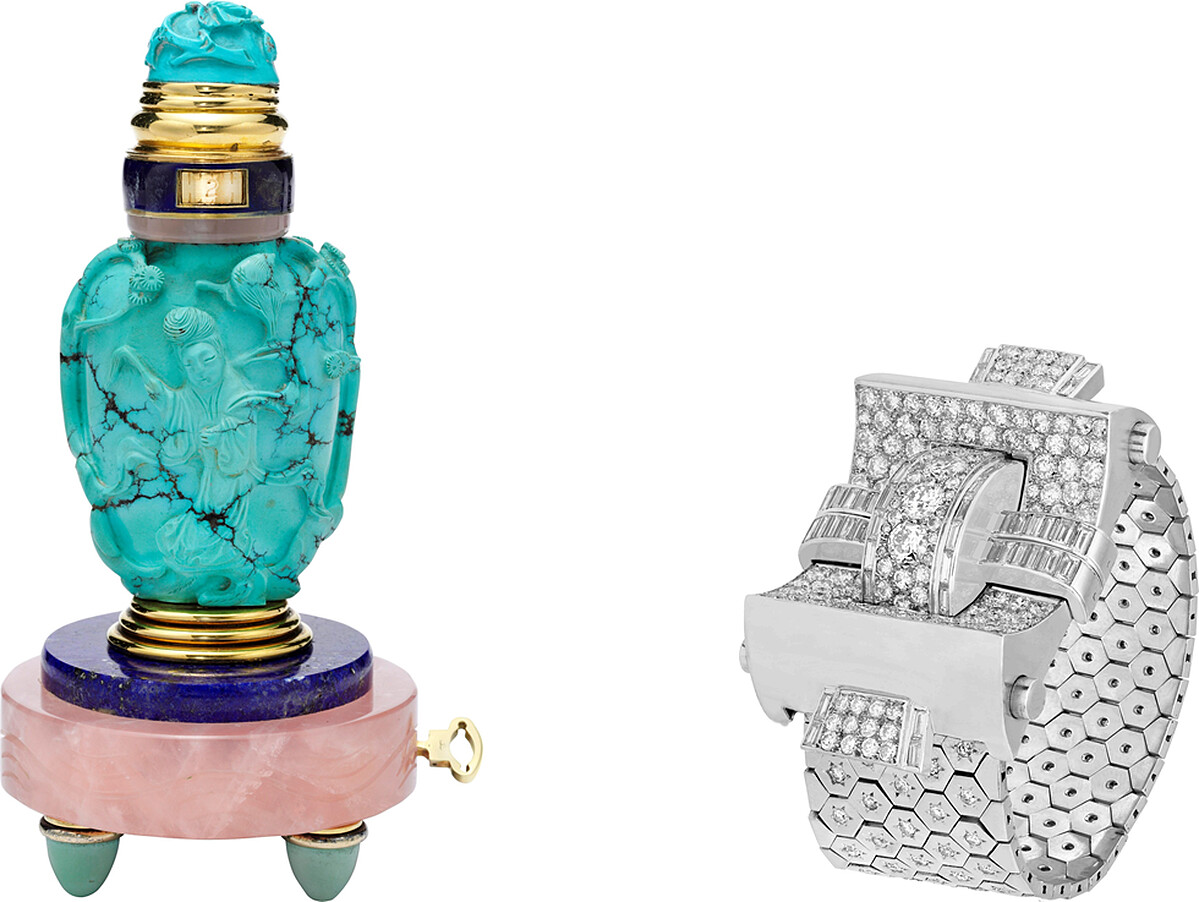 Van Cleef & Arpels 梵克雅寶 Heritage典藏系列-時鐘，約1929年，黃K金、粉紅水晶、綠松石、青金石、琺瑯。Ludo手鐲，1938年，鉑金、鑽石。