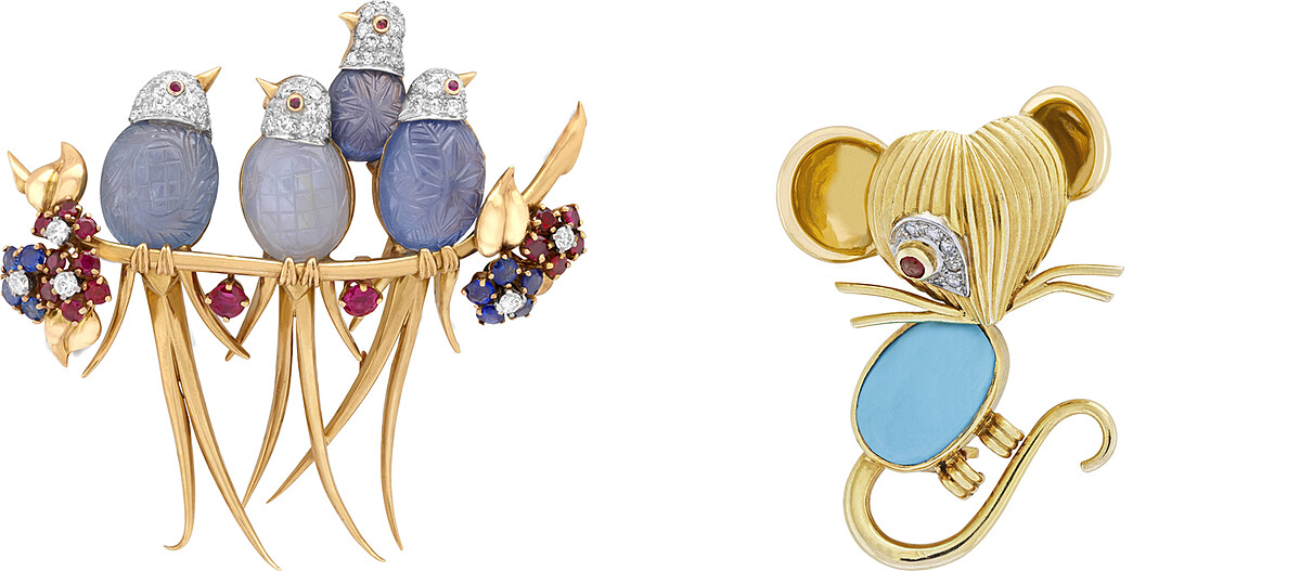 Van Cleef & Arpels 梵克雅寶 Heritage典藏系列-Bird胸針，1946年，鉑金、黃K金、紅寶石、藍寶石、鑽石。Mouse胸針，1958年，鉑金、黃K金、紅寶石、綠松石、鑽石。