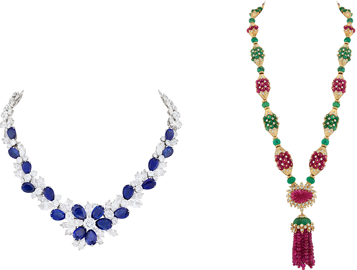 Van Cleef & Arpels 梵克雅寶 Heritage典藏系列-Trèfles項鍊，1960年，鉑金、白K金、藍寶石。項鍊，1975年，黃K金、紅寶石、祖母綠、鑽石。