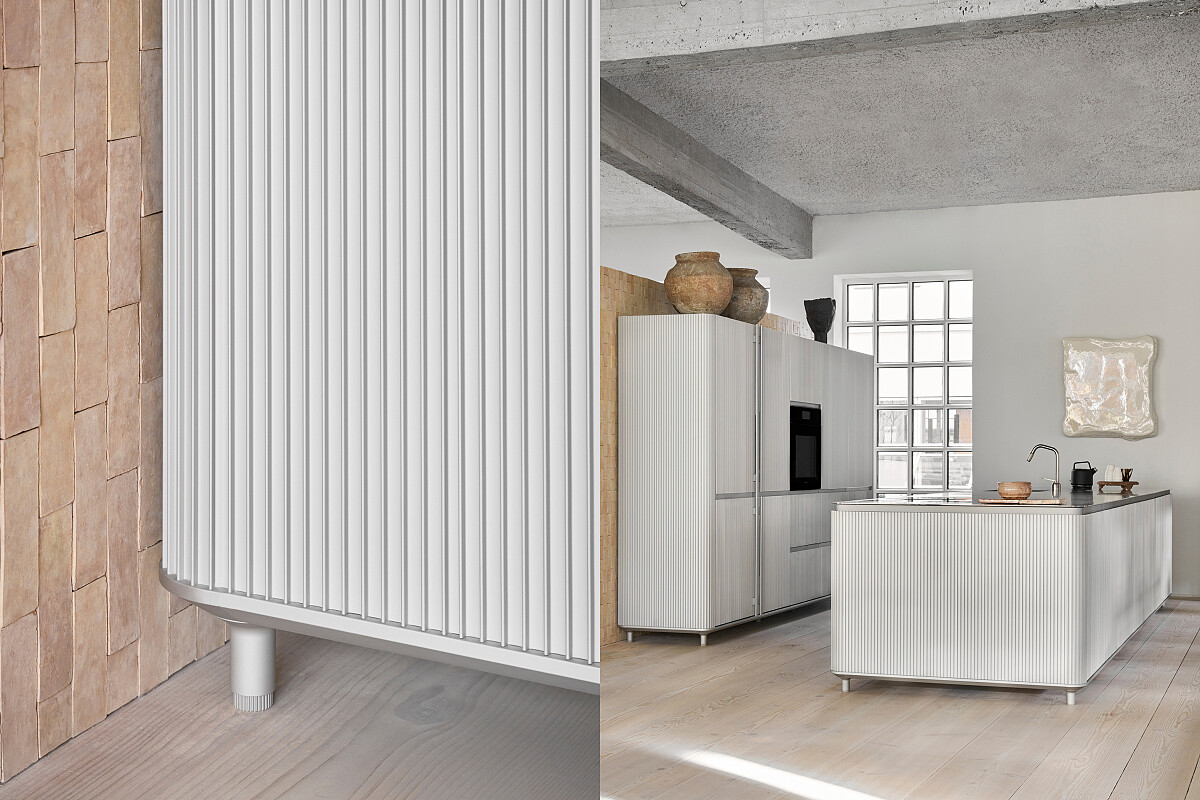 不鏽鋼檯面厚度4公釐，懸浮於櫃體之上，離地的比例讓整體視覺更輕盈。