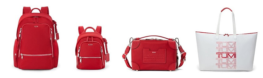 從左至右：Celina 背包、Celina 小型後背包、Dey Trunk 斜背包、Just In Case&reg; 托特包