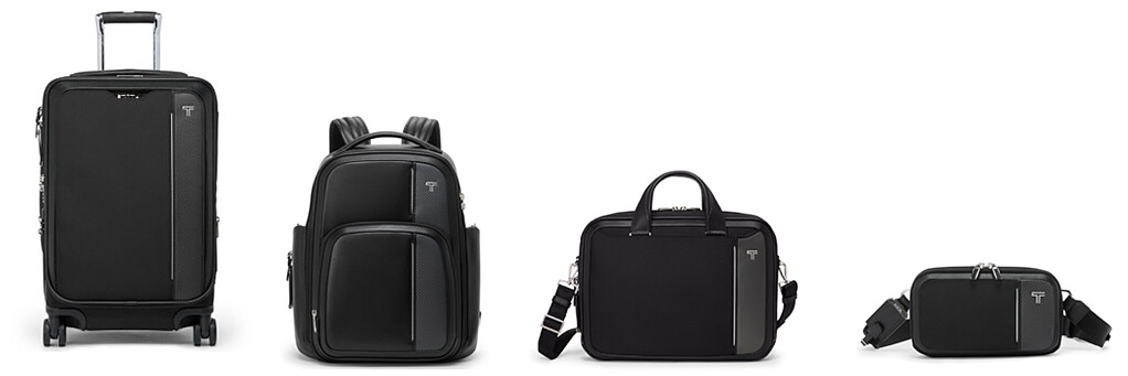 從左至右：(Arriv&eacute;系列) 國際雙拉鍊可擴展登機箱、Barker皮革後背包、Hannover 薄款公事包、Messina單肩背包