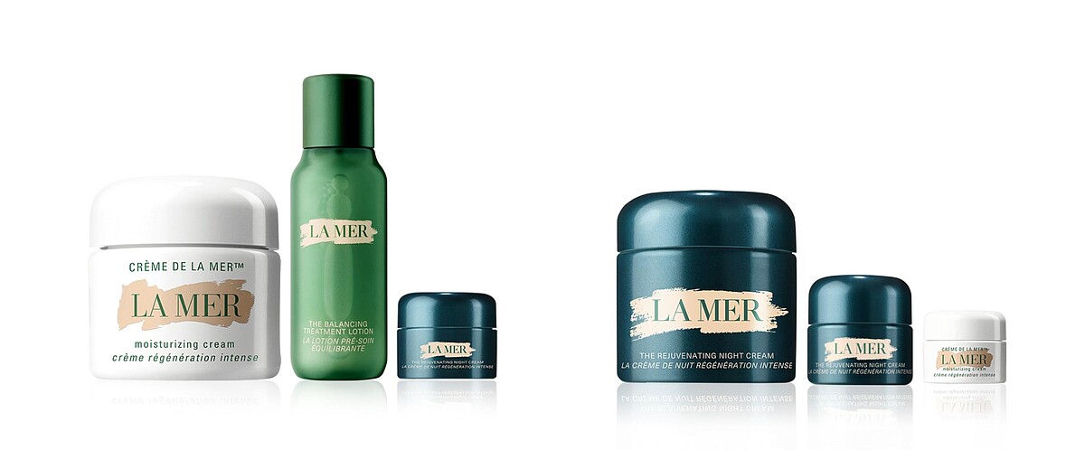 (左)La Mer No.1潤澤人氣60ml組乳霜(選購 經典/舒芙/晶凍凝霜 60ml 享 超能平衡精華露50ml＋醇萃活膚晚霜7ml)，奢寵優惠NT$12,420原價NT$17,900 /(右)La Mer活膚晚霜珍藏100ml組(選購 醇萃活膚晚霜100ml享 醇萃活膚晚霜15ml＋經典乳霜7ml)，奢寵優惠NT$21,150原價NT$30,743。 