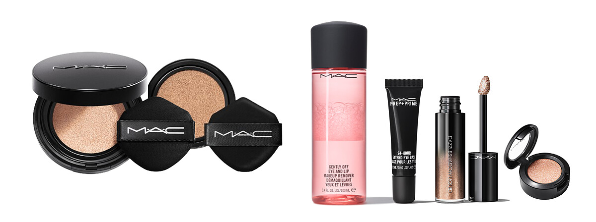 (左)M.A.C一拍就GO氣墊組(超持妝霧絲絨氣墊粉餅SPF 50/PA+++正貨x1+超持妝霧絲絨氣墊粉餅SPF 50/PA+++粉蕊正貨x1)，特價NT$3200(原價NT$3600 8折)/(右)M.A.C時尚鑽光眼妝組(買 鑽光星辰眼影液+時尚焦點眼影+24小時眼影底霜 贈 眼唇淨妝露正貨x1 )，特價NT$2980(原價NT$3930 67折) *價格依照實際購買為主。