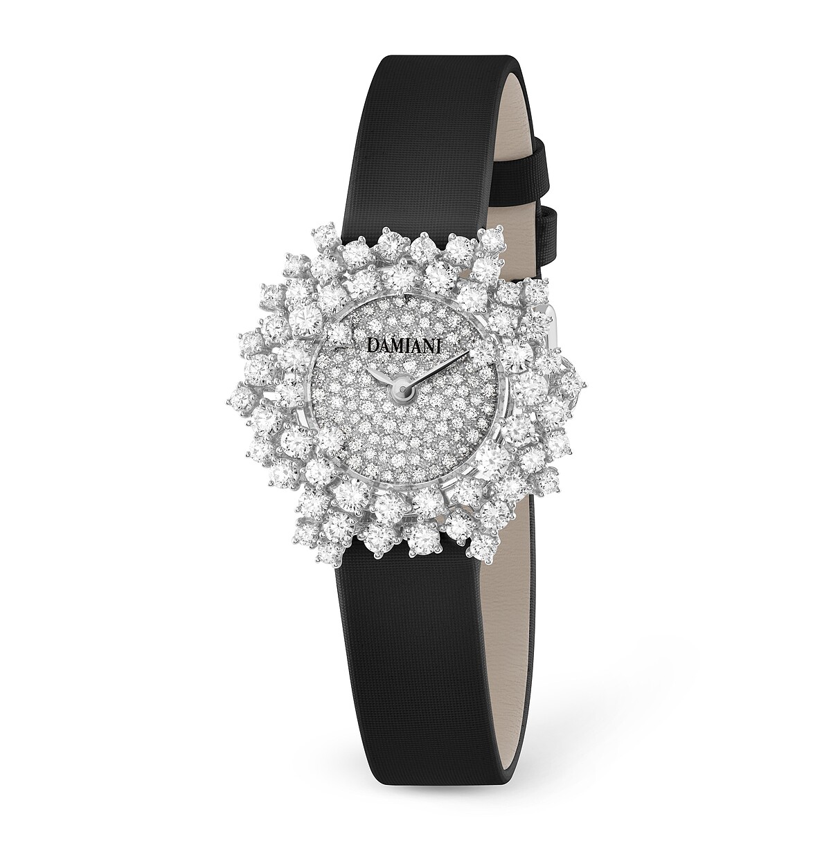 DAMIANI Mimosa含羞草18K白金鑽錶，密鑲鑽石錶盤與黑色緞面錶帶款，建議售價NT$ 1,130,000