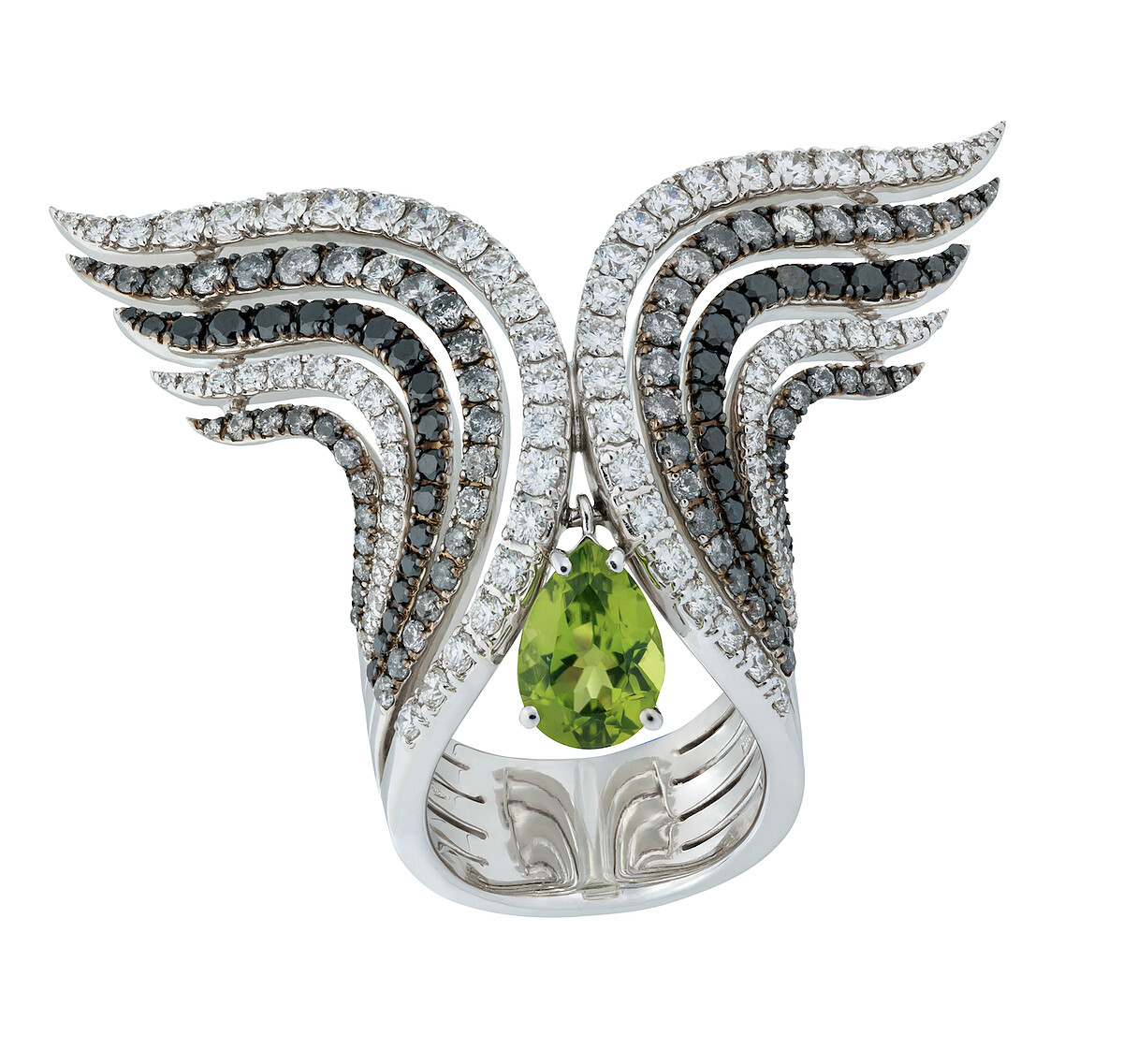 DAMIANI Masterpiece大師傑作Swan系列18K白金橄欖石鑽石戒指，建議售價NT$ 888,000